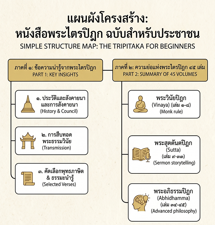 แผนผังโครงสร้างของ "หนังสือพระไตรปิฎก ฉบับสำหรับประชาชน" (โดยอาจารย์สุชีพ ปุญญานุภาพ)  